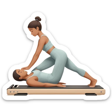 A person performing a Pilates exercise on a mat in a clean, modern studio. The focus is on core strength and flexibility, with a neutral, calming color palette. Simple equipment like a reformer machine and a soft, tranquil background enhance the feeling of controlled movement and focus. sticker
