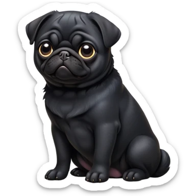 cinematic-[black pug]-realistic-full-body-sitting-emoji,-tail-resting-loosely-beside-its-paws,-head-tilted-dramatically, -sleek-[black]-fur,-simplified-yet-realistic-focused-features,-highly-detailed,-glowing-with-an-almost-sarcastic-glow sticker