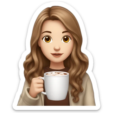 white girl with brown long hair and a hot chocolate sticker
