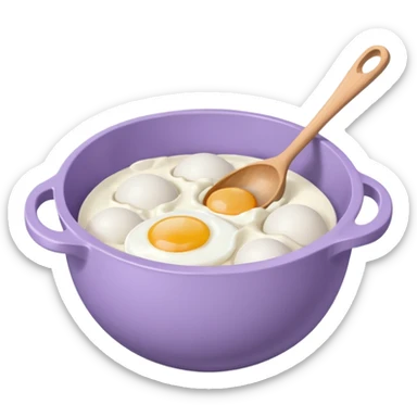 a lilac ceramic mixing bowl with a wooden spoon stirring and sitting next to it is a dozen eggs with the carton lid open sticker