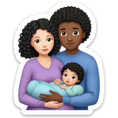 family: white woman curly black hair, black man with short black frizz hair, one 2 y o daughter , and a newborn in the and of the mother sticker