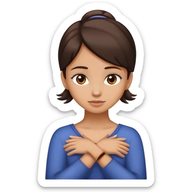 girl with hands cross on her neck with light tan skin and dark brown hair and light brown eyes sticker