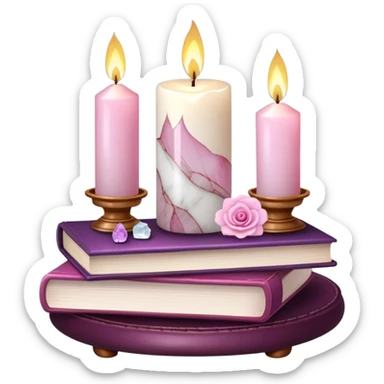 Aesthetic candles, flower petals, books, marble stand, gemstones sticker