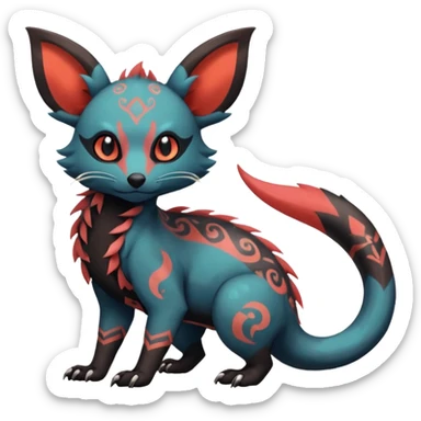 Rare warm-colored exotic cute epic aesthetic gothic colorful Salandit-Eevee-Civet-species-Fakemon-hybrid-creature, with tribal tattoo markings, full body sticker