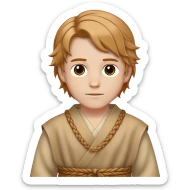 Medieval spring outfit worn by a DnD themed fantasy male character. Wheat-colored wool tunic with subtle herringbone weave pattern, cinched with a braided fabric sash. Clothes only above the waist, full waist coverage. The character has no arms. Character is white-skinned with light chestnut hair, golden brown eyes, and medium-length wavy hair. sticker