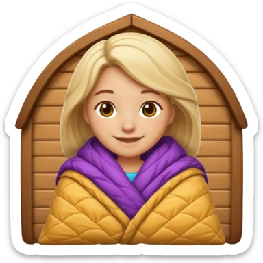 Create an iOS‑style emoji of a girl wrapped in a thick quilted blanket, smiling calmingly with a relaxed, cozy cabin vibe and soft lighting. sticker