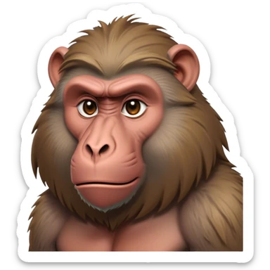 Cinematic Noble Baboon Portrait Emoji, Poised and regal, with a robust, muscular build and a richly textured Fur of earthy browns, deep-set soulful eyes with a mischievous glint, Simplified yet sharp and sophisticated features, highly detailed, glowing with a warm, dignified glow, high shine, intelligent and bold, stylized with an air of untamed urban majesty, focused and attentive, soft glowing outline, capturing the essence of a watchful and confident primate, so majestic it feels as though it could stride out of the screen with effortless authority! sticker