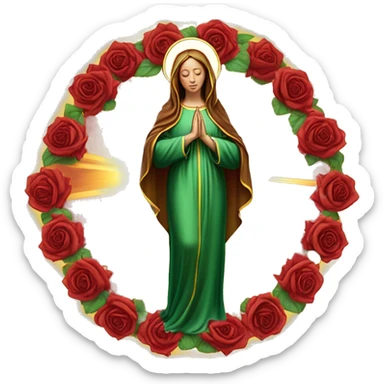 Virgin Mary: kind face looking down at the left, long brown hair, Wearing an emerald green  robe with gold stars and a burgundy red dress,  Hands in prayer or blessing. Halo around her head. standing in front of a big sun. colorful roses on the sides  sticker