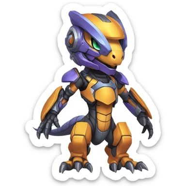 Colorful Edgy Chibi Greymon-Velociraptor-Genesect-Fakémon-Pokémon wearing a with a futuristic visor-helmet And Mecha-suit Full Body sticker
