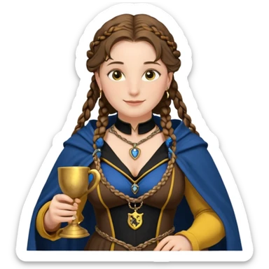 Helga Hufflepuff, blue eyes, brown-haired, two brown braids, yellow-black medieval dress, black cloak decorated with gold braiding, tiny gold cup with two handles, very kind smile, curvy busty sweet woman, macromastia, thick round rosy cheeks, gold pendant with round black stone sticker