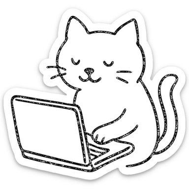 hand-drawn outlined icon of a cat using a laptop sticker