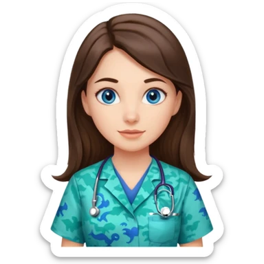 pretty brunette nurse with long hair and blue eyes in dinosaur pattern scrubs sticker