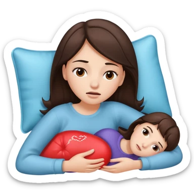 only one brunette girl, with a pain face, lying on her side suffering from menstrual cramps, has a hot water bottle on her stomach. sticker