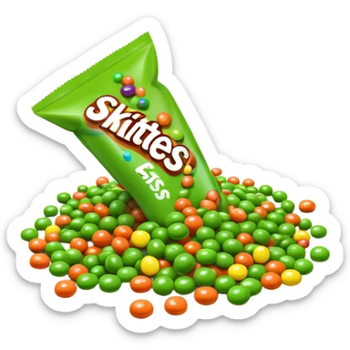 Skittles candy package spilling all green round candies, same package design but only green Skittles sticker