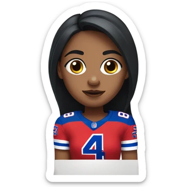 Girl with long black hair and freckles wearing buffalo bills jersey sticker