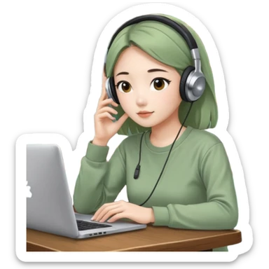 A Korean girl at a dive bar with a laptop and headphones with coffee watchin a korean drama the shirt in sage green sticker