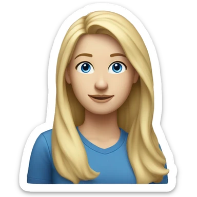 A head and shoulders shot of a 34 year old white woman, with long blonde hair,   with blue eyes wearing a t-shirt. sticker