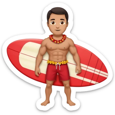 Dark-haired tan muscular 50 year old man with red shorts and shell lei surfing sticker