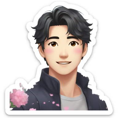 Gorgeous bright sparkly romantic Asian anime style guy with blushing face and flowers aesthetic trending style outside sticker