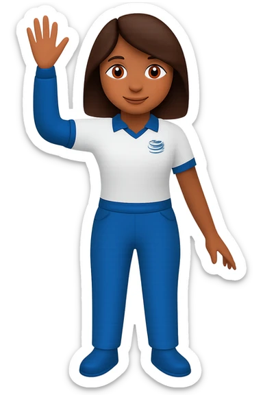 Edit the image of an AT&T inspired woman emoji, full body, waving, in Apple emoji style. Change the hair color to brown. Keep the blue and white color scheme. Remove the background to transparent. sticker