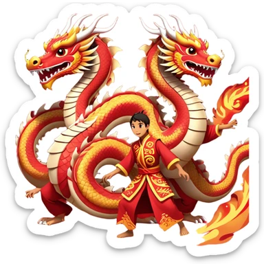 Cinematic Realistic scene of two performers guiding an elaborately designed dragon costume during a Dragon Dance, with vivid traditional patterns and dynamic motion, set under festive, red-tinged lighting sticker