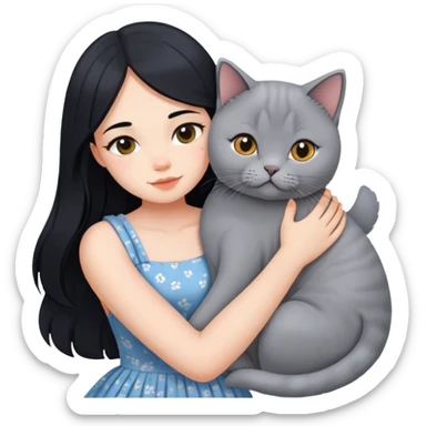 A beautiful girl with long black hair wearing a sun dress hugs a British Shorthair sticker