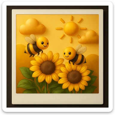 3D iOS style emoji of sunflowers with bees, a sun, and clouds in the background, mimicking the colors and composition of the reference image, add more details, add a polaroid frame sticker