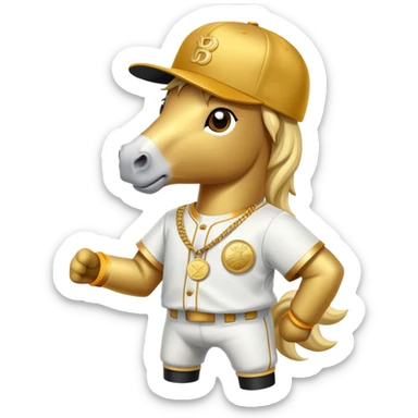 anthropomorphised horse dressed like a member of RUN DMC, hip-hop outfit, gold medal, baseball hat sticker