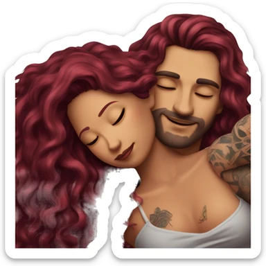 Beautiful tattooed burgundy long haired woman laying on the boyfriends chest sticker