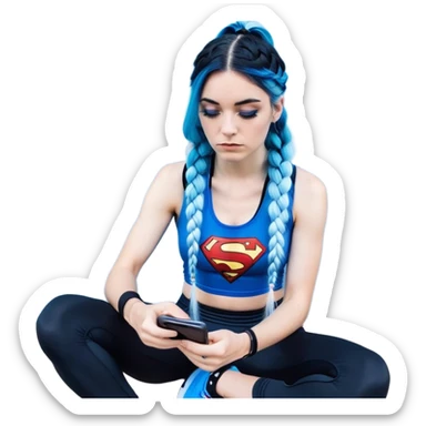 Shameful and disappointed-Female-very very very larger chest-texting on a samsung cell phone-very long straight braided black to sky blue hair ombre-blue eyes-black eyeliner-long eyelashes-iridescent sky blue very low cut tank top with superman logo-black leggings-nike hightop sneakers sticker