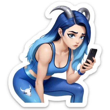 Disapponted-big tears-head back texting on phone-very very large upper body-sexy face-bending forward at waist-very long very straight dark blue to light blue ombre hair-and-blue eyes-thick black eyeliner-cute goat horns-iridescent blue lowcut tanktop with black leggings with glitter superman logo sticker