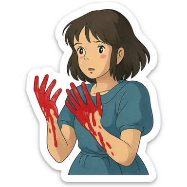 ghibli style illustration of a woman with blood on her hands sticker