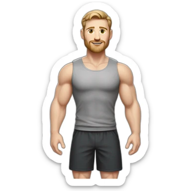 Full height Pale skinned fit man With biceps, Realistic eyes and mouth, light brown hair and stubble In dark gray sleeveless mike, black oversize sports shorts, watch and white sneakers. sticker