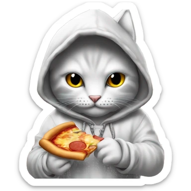 A hooded cat is holding btc in his hand , sweeter and Night-themes, Behind it is written pizza and JR crypto sticker