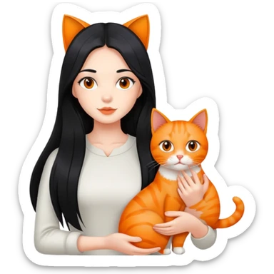 A beautiful girl with fair skin and long black hair is holding two orange cats sticker