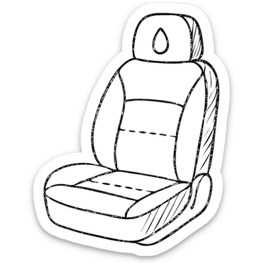 hand-drawn outlined icon of a luxury car seat in matte black with a small droplet or shield on the headrest, elegant stitching, minimalist lines, clean and modern sticker