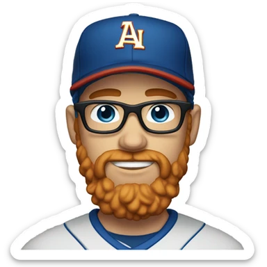 35 year old, male, short curly red hair, pale, thick beard, blue eyes, glasses, baseball hat sticker