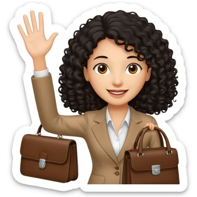 medium deep tan brown business woman with long black curly hair, waving hand with happy face and holding a close laptop and carrying a bag on her dhoulder sticker
