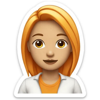 Chica con pelo rubio, ojos claros, chamarra naranja y camisa blanca sticker