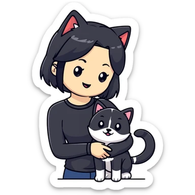 girl with black shoulder-length hair wearing a black tight-fitting top with a calico cat with white mouth and a shiba inu dog sticker