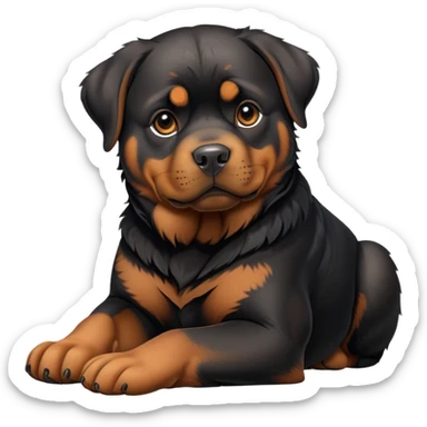 cinematic-[rottweiler]-realistic-full-body-sitting-emoji,-tail-resting-loosely-beside-its-paws,-head-tilted-dramatically, -sleek-[Black and brown]-fur,-simplified-yet-realistic-focused-features,-highly-detailed,-glowing-with-an-almost-sarcastic-glow sticker
