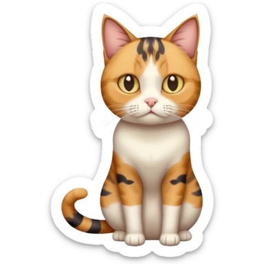full body calico tabby cat with skinny head and fat body with an anxious face sticker