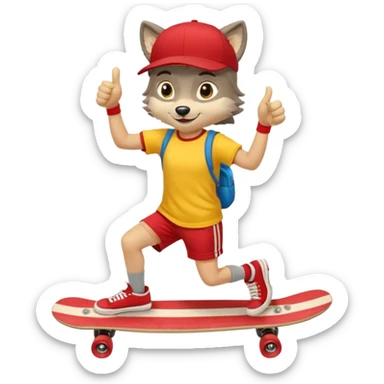 A gray wolf with large, expressive eyes and a friendly smile. The gray wolf is wearing a bright yellow T-shirt, red shorts, white knee socks, and sneakers. The baseball cap is worn backwards. The wolf holds a skateboard in one hand and gives a thumbs-up with the other, a confident and cheerful pose. sticker