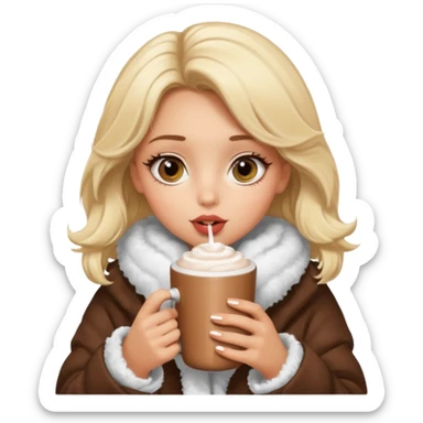 Tanned Girl with lashes , blonde hair, in an extremely big fluffy oversized coat and hold hot chocolate drink and big eyes, big lip sticker