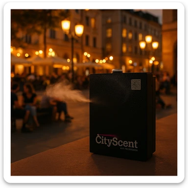 Add a soft, realistic scent mist effect coming from the left side of the CityScent air freshener machine. The scene is realistic, with people relaxing and enjoying the scent in the city center at evening. sticker