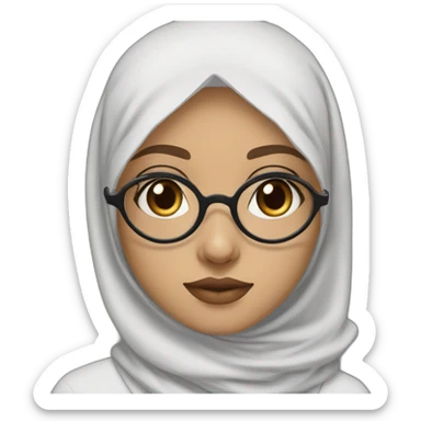 Hijab black color white fair skin girl brown eyes wearing round circular metal glasses, no make up, big cheeks, almond eyes, small lips, triangle nose sticker