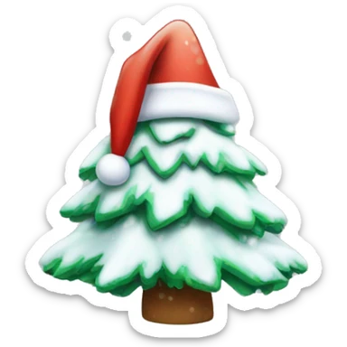 christmas tree with snow and a santa hat sticker