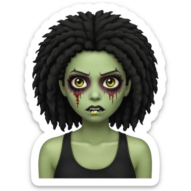 a female zombie with sage green skin, black long afro hair, eyelashes and a black tank top in apple emoji style sticker