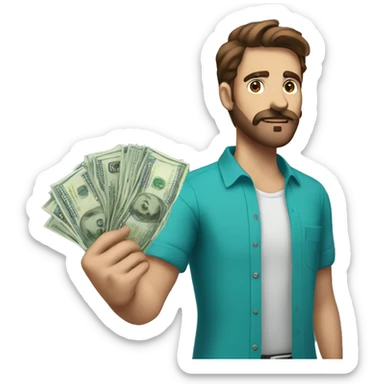 a guy in a teal blue shirt, brown hair, normal beard, brown eyes, normal moustache, and is holding money sticker