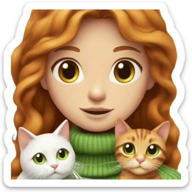 ginger girl with wavy long hair and green eyes in turtle neck white sweater cuddling with a brown cat sticker